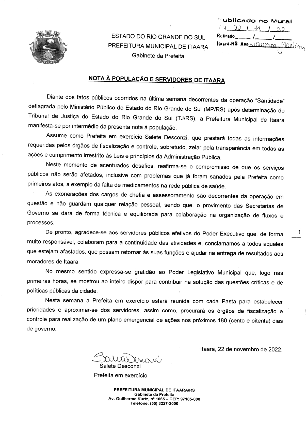 NOTA À POPULAÇÃO E SERVIDORES DE ITAARA 